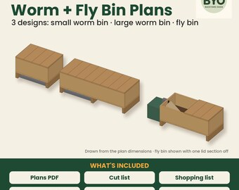 Planos para compostador de lombrices y compostador de mosca soldado negra, 3 planos de construcción de compostadores DIY en PDF, compostadores de vermicompostaje y compostador de larvas de mosca soldado negra con lista de materiales.