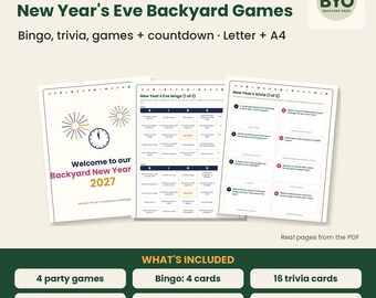 Puede incluir: Un conjunto de juegos de jardín para Nochevieja en descarga digital que incluye bingo, trivia y cuenta atrás. Las páginas muestran un reloj, fuegos artificiales y el texto Welcome to our Backyard New Year 2027. Incluye 4 juegos, 4 cartones de bingo, 16 tarjetas de trivia, cuenta atrás de globos, deseos, una búsqueda y 4 carteles.