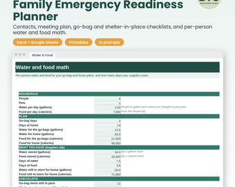 Family Emergency Readiness Planner: Contacts, Meeting Plan, Go Bag and Shelter in Place Checklists, Water and Food Math, Excel Sheets