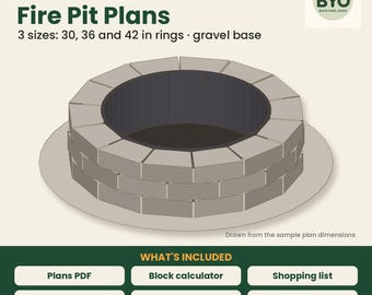 Planos para fogatas, 3 tamaños: 30, 36 y 42 pulgadas de diámetro. Fogata de bloques para patio trasero (PDF), calculadora de bloques y grava, distancias de seguridad según el código contra incendios.