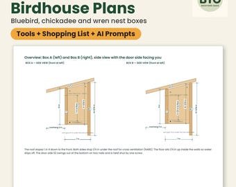 Birdhouse Plans: Bluebird, Chickadee, Wren, Tree Swallow and Nuthatch Nest Box, Cut List and Cost Calculator, DIY PDF, AI Prompts