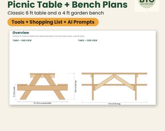 Picnic Table Plans: Classic 6 ft Table & Matching 4 ft Garden Bench, Cut List, Cost Calculator, DIY PDF, Excel, Google Sheets, AI Prompts