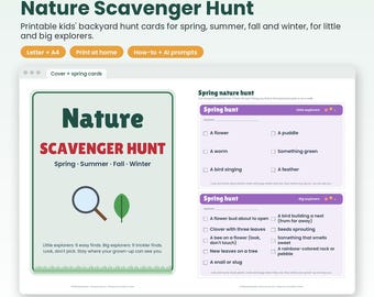 Nature Scavenger Hunt Printable for Kids, Spring Summer Fall Winter Backyard Hunt Cards, Outdoor Activity, Homeschool Nature Walk