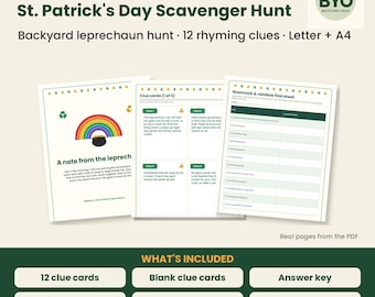 Puede incluir: Un kit digital de búsqueda del tesoro para el Día de San Patricio con tres páginas imprimibles: una nota de un duende con un arcoíris, una hoja de tarjetas con pistas rimadas y una hoja de búsqueda con una lista de verificación.