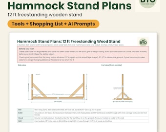 Hammock Stand Plans: DIY 12 ft Freestanding Wooden Hammock Stand, Drawings, Cut List and Cost Calculator, PDF + Excel