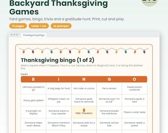 Thanksgiving Games Printable, Friendsgiving Bingo, Trivia, Yard Game Scorecards, Gratitude Scavenger Hunt, Backyard Party, Letter & A4
