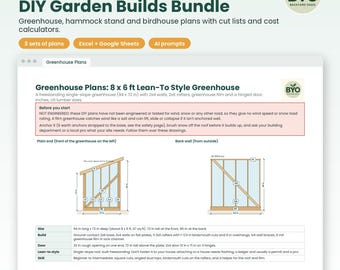 DIY Garden Builds Bundle: Greenhouse Plans, Hammock Stand Plans and Birdhouse Plans, Cut Lists, Cost Calculators, PDF + Excel