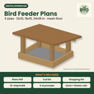 May include: Digital download of bird feeder plans featuring a brown wooden structure with a mesh floor. Text includes Bird Feeder Plans, 3 sizes 12x10, 18x15, 24x18 in, BYO Backyard Oasis, and a list of included items like Plans PDF and 10-step build.