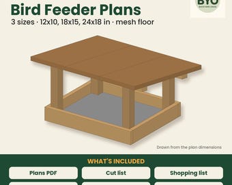 Planos para comedero de pájaros, 3 tamaños: 12x10, 18x15, 24x18 pulgadas. Planos de carpintería para comedero de pájaros con plataforma cubierta (PDF). Comedero con bandeja y lista de cortes.