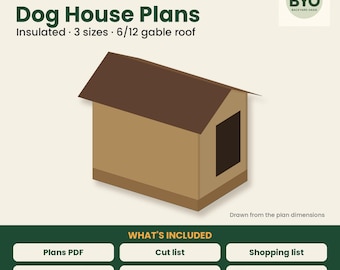 Planos para casetas de perro aisladas, planos de construcción de casetas de perro para bricolaje en PDF, planos de carpintería para casetas de perro exteriores con lista de materiales y calculadora de costos.