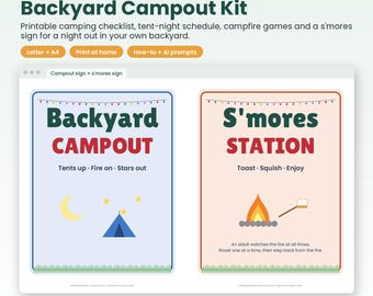 Backyard Campout Kit Printable, Camping Checklist, Campfire Games, Smores Sign, Tent Night Schedule, Kids Camping Party, Letter & A4