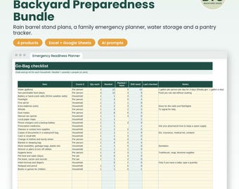 Backyard Preparedness Bundle: Rain Barrel Stand Plans, Family Emergency Planner, Water Storage and Pantry Tracker, Excel + PDF