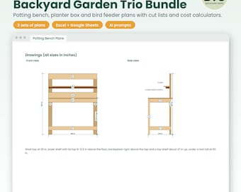 Paquete Trío para Jardín: Planos para mesa de trabajo para macetas, planos para jardineras y planos para comederos de pájaros, PDF de bricolaje para carpintería de jardín, lista de materiales y calculadora.