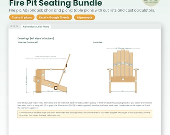 Paquete de asientos para fogata: planos para fogata, planos para sillas Adirondack y planos para mesas de picnic, PDF de carpintería para el jardín (hágalo usted mismo), lista de cortes, calculadora.