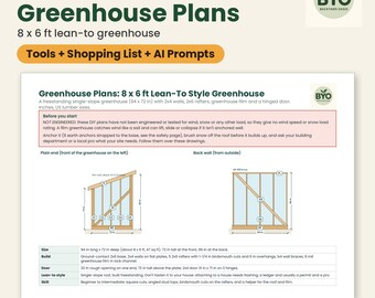Greenhouse Plans, DIY 8x6 Lean-To Style Wood Greenhouse, Drawings, Cut List and Cost Calculator, Backyard Garden Build PDF + Excel