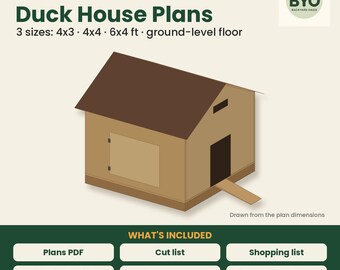 Planos para caseta de patos en 3 tamaños: 4x3, 4x4 y 6x4 pies. Planos para construir un gallinero de patos (hágalo usted mismo) en PDF. Refugio para patos de jardín con lista de materiales y calculadora de costos.
