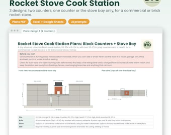 Planos para estación de cocina con estufa cohete, 3 diseños: 2 mostradores, 1 mostrador o solo espacio para la estufa, estación de cocina exterior de bloques para armar uno mismo, estufa de ladrillos (PDF).