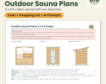 Outdoor Sauna Plans: DIY 6 x 6 ft Cabin Sauna, Framing Drawings, Cut List, Bench Layout and Cost Calculator, PDF + Excel