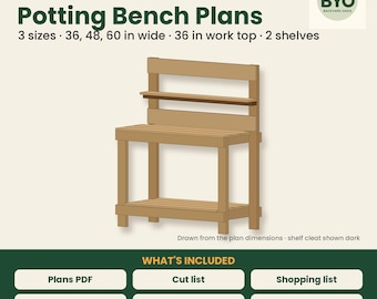 Planos para mesa de trabajo de jardinería, 3 tamaños: 36, 48 y 60 pulgadas. Planos de carpintería para mesa de jardinería DIY en PDF, banco de trabajo para exteriores, lista de cortes y calculadora.