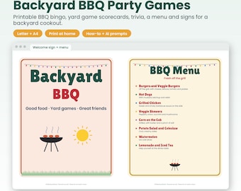 BBQ Party Games Printable, BBQ Bingo, Cornhole Scorecard, Summer Trivia, BBQ Menu and Signs, Backyard Cookout Party, Letter & A4