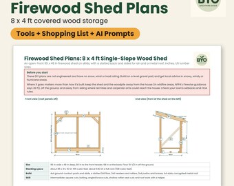 Firewood Shed Plans: DIY 8x4 Wood Storage Shed, Open Front, Slatted Sides, Metal Roof, Cut List and Cost Calculator, PDF + Excel