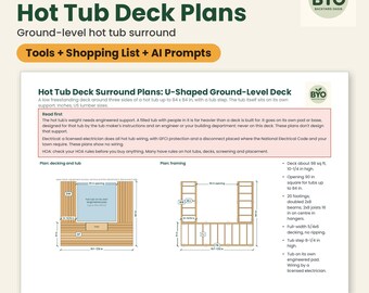 Hot Tub Deck Plans: DIY Ground Level Hot Tub Surround, U-Shaped Deck with Step, Framing Drawings, Cut List, PDF + Excel