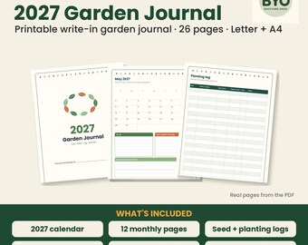 Puede incluir: Un diario de jardín digital 2027 imprimible de 26 páginas en tamaños Letter y A4. El documento incluye una portada, un calendario de mayo de 2027 y un registro de plantación. Incluye un calendario 2027, 12 páginas mensuales, registros de semillas y plantación, un registro de cosecha, registros de plagas y clima, y una cuadrícula de diseño.