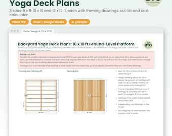 Planos para plataforma de yoga: 3 tamaños (8x8, 10x10 y 12x12 pies). Plataforma a nivel del suelo para construir usted mismo. Incluye planos de estructura, lista de materiales y calculadora de costos (PDF).