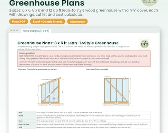 Planos para invernadero, 3 tamaños: 6x6, 8x6 y 12x6 pies. Invernadero de madera estilo adosado para armar uno mismo. Incluye dibujos, lista de materiales y calculadora de costos. PDF para construcción de jardines.