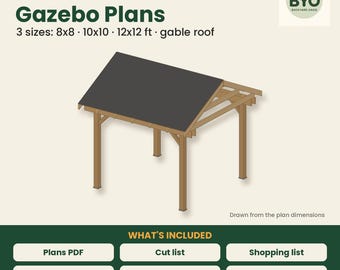 Planos para cenador en 3 tamaños: 8x8, 10x10 y 12x12. Planos de construcción de cenador de madera para bricolaje en PDF. Cenador con techo a dos aguas para jardín con lista de materiales y calculadora de costos.