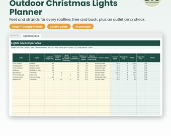 Outdoor Christmas Lights Planner: Christmas Light Calculator, Yard Sketch Grid, Outlet Amp Check, Timer and Budget, Excel Sheets