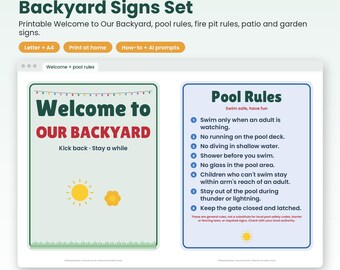 Backyard Signs Set Printable, Pool Rules Sign, Fire Pit Rules, Welcome to Our Backyard Sign, Patio and Garden Signs, Letter & A4