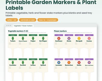Printable Garden Markers, Plant Labels for Vegetables Herbs and Flowers, Garden Stake Markers with Blanks, Seed Tray Labels, Letter & A4