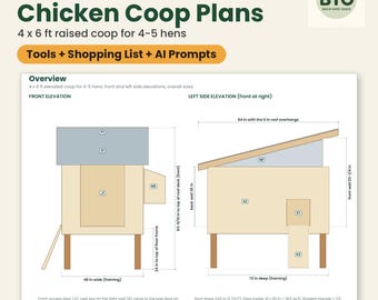 Chicken Coop Plans: 4x6 Raised Coop for 4-5 Hens, Cut List & Cost Calculator, DIY Hen House PDF, Excel, Google Sheets, AI Prompts