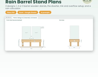 Planos para soporte de barriles de lluvia, 3 diseños: soporte de madera para 1, 2 o 3 barriles (hágalo usted mismo), desviador de agua de lluvia + rebosadero, lista de materiales, calculadora de lluvia en PDF.