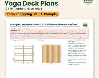 Yoga Deck Plans: DIY 10 x 10 ft Ground Level Platform Deck, Framing Drawings, Cut List and Cost Calculator, PDF + Excel