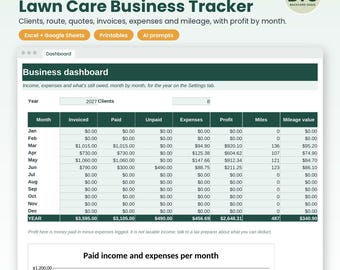 Lawn Care Business Tracker, Client Route Schedule, Quotes, Invoices, Expenses and Mileage Log, Excel and Google Sheets