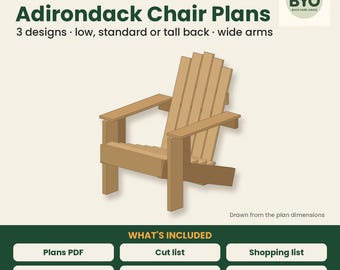 Planos para sillas Adirondack, 3 diseños: respaldo bajo, estándar o alto; PDF para construir una silla de madera para fogata (hágalo usted mismo); planos de carpintería con lista de cortes.