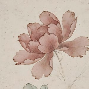 Close-up of the peony print: a faded rose peony with fine petal lines above a sage green bloom on speckled paper.
