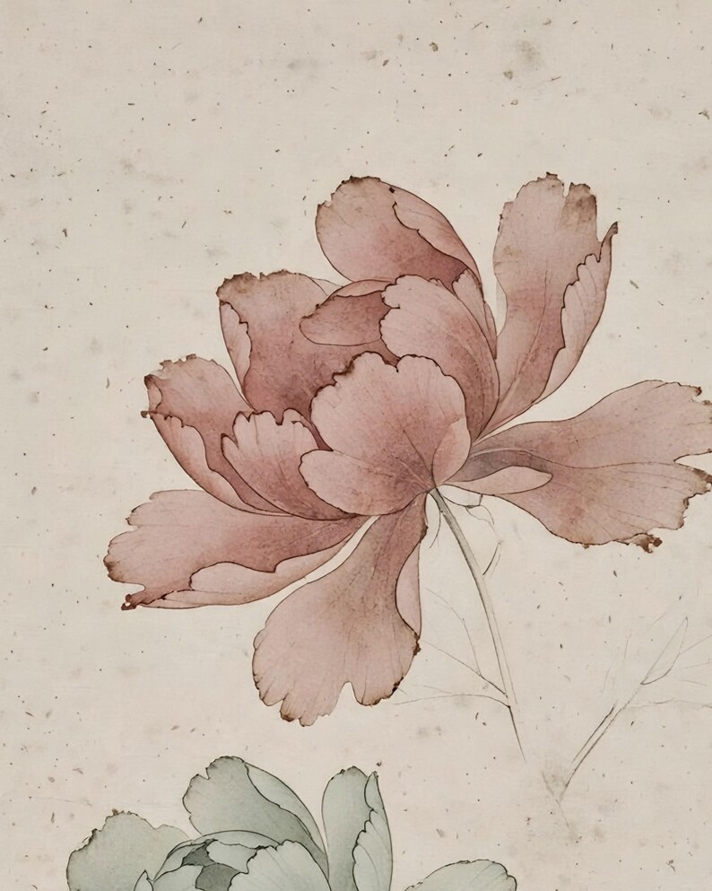 Close-up of the peony print: a faded rose peony with fine petal lines above a sage green bloom on speckled paper.
