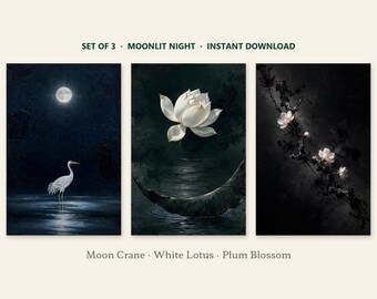 Può includere: Un set di tre stampe d'arte digitali intitolate Moonlit Night, raffiguranti una gru bianca sotto la luna piena, un fiore di loto bianco sopra l'acqua scura e fiori di prugno rosa su un ramo scuro. Il testo recita SET OF 3, MOONLIT NIGHT, INSTANT DOWNLOAD, Moon Crane, White Lotus, Plum Blossom.