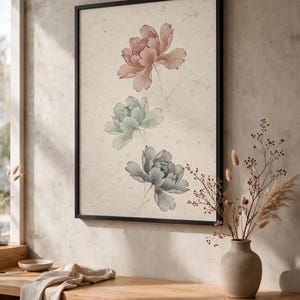 Minhwa peony print shown framed on a beige wall above a wooden console with a vase of dried flowers (digital room mockup).