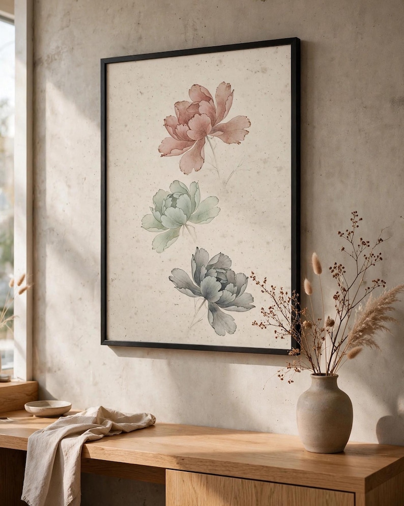Minhwa peony print shown framed on a beige wall above a wooden console with a vase of dried flowers (digital room mockup).