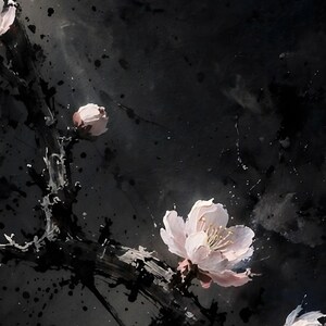 Close-up of the plum blossom print: pale pink blossoms and buds on an ink-black branch with ink spatter.