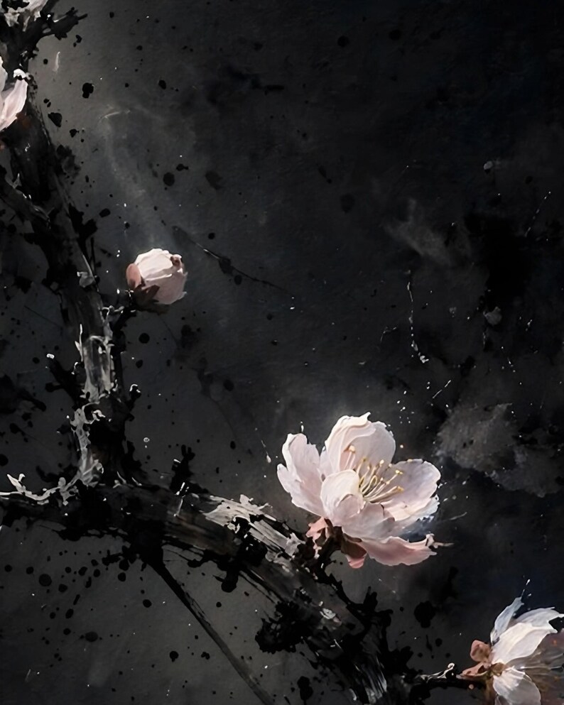 Close-up of the plum blossom print: pale pink blossoms and buds on an ink-black branch with ink spatter.