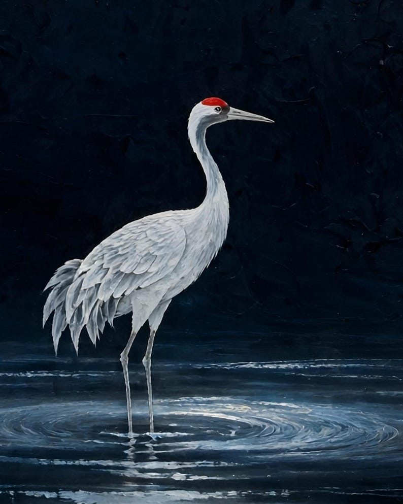 Close-up of the moonlit crane print: the red crown, white feathers and thin legs of the crane above rippled dark water.