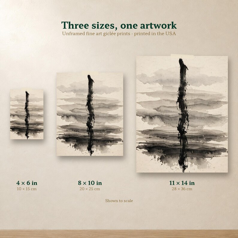 Size comparison of the abstract ink wash print in 4x6, 8x10 and 11x14 inches, side by side on one wall.