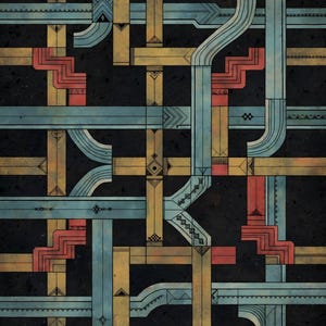 May include: A digital art print featuring a complex grid of intersecting pipes in shades of blue, yellow, and red against a dark black background. The pipes are decorated with geometric patterns, including triangles, diamonds, and zigzags.