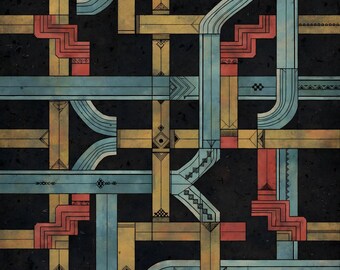 Può includere: Una stampa d'arte digitale che presenta una complessa griglia di tubi che si intersecano in tonalità blu, gialle e rosse su uno sfondo nero. I tubi sono decorati con motivi geometrici, tra cui triangoli, rombi e linee a zigzag.
