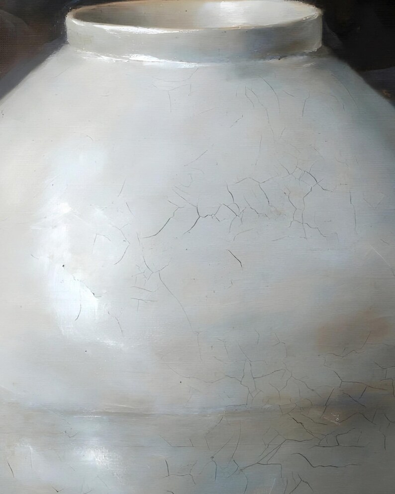Close-up of the moon jar print: the rim and crackled white glaze of the jar with a faint band around its middle.